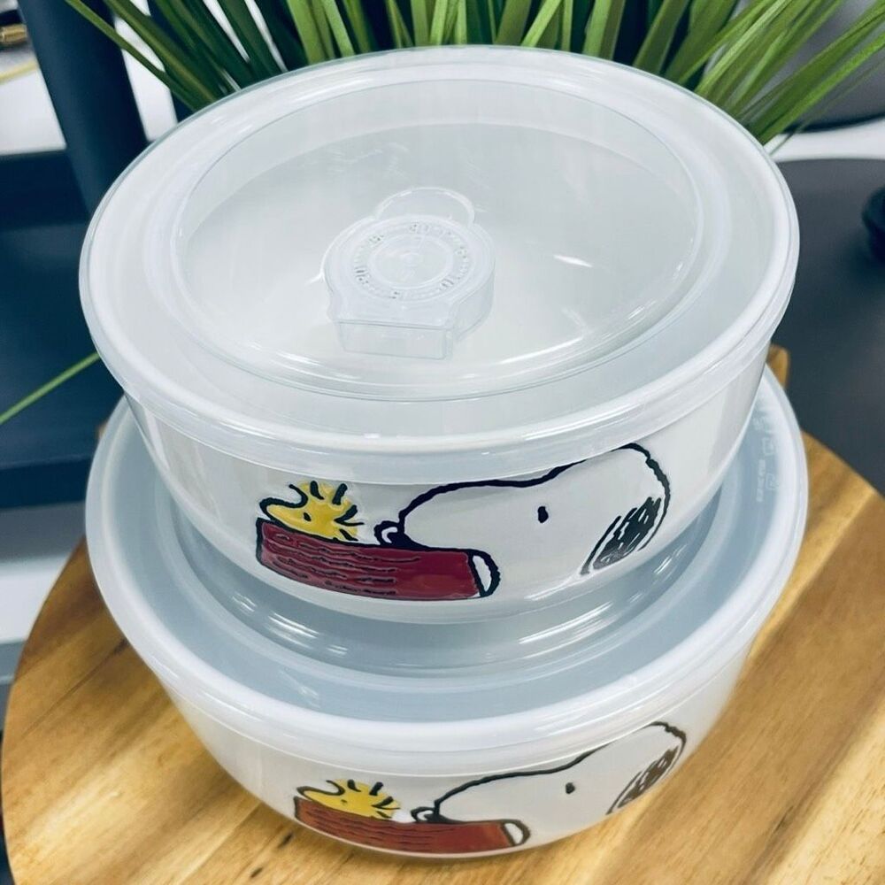 NWT Peanuts Snoopy Woodstock White Red Ceramic 2 Pc Food containers w/ Lids Set - Picture 5 of 16
